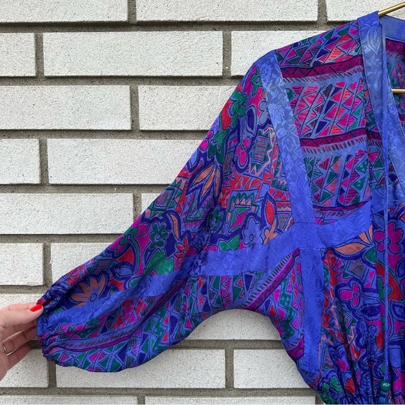 1980’s Rare Vintage Diane Freis Silk Dolman V-Neck Godet Dress Purple Abstract - Picture 3 of 11